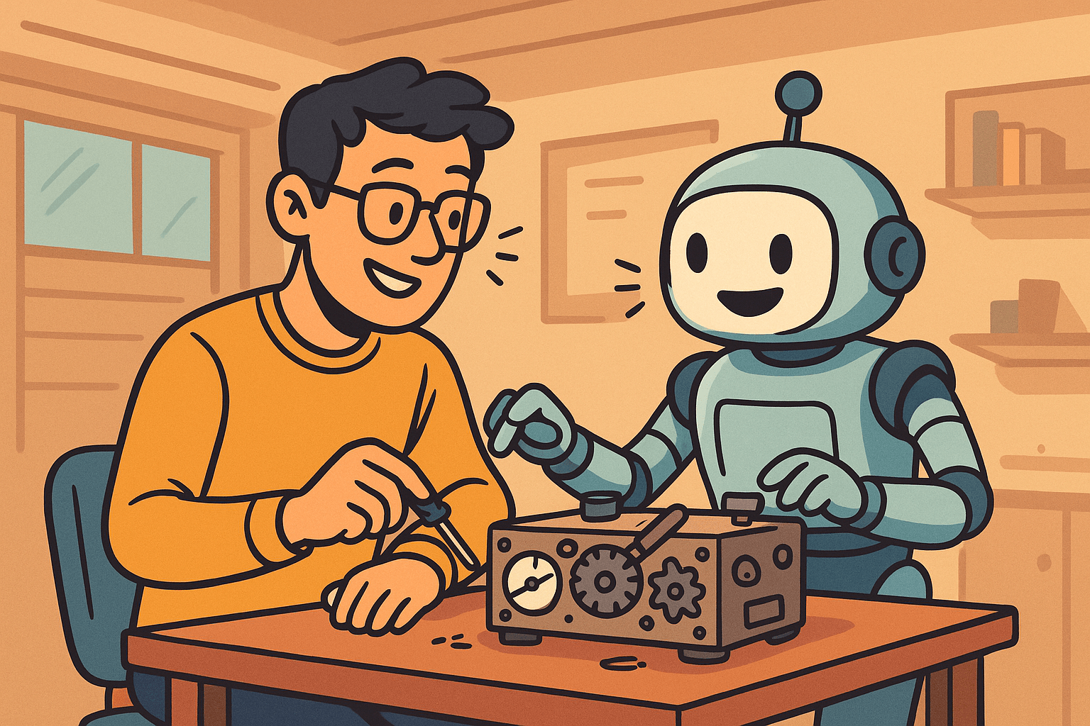 Cartoon of a person and a friendly robot working together on a machine at a workbench.